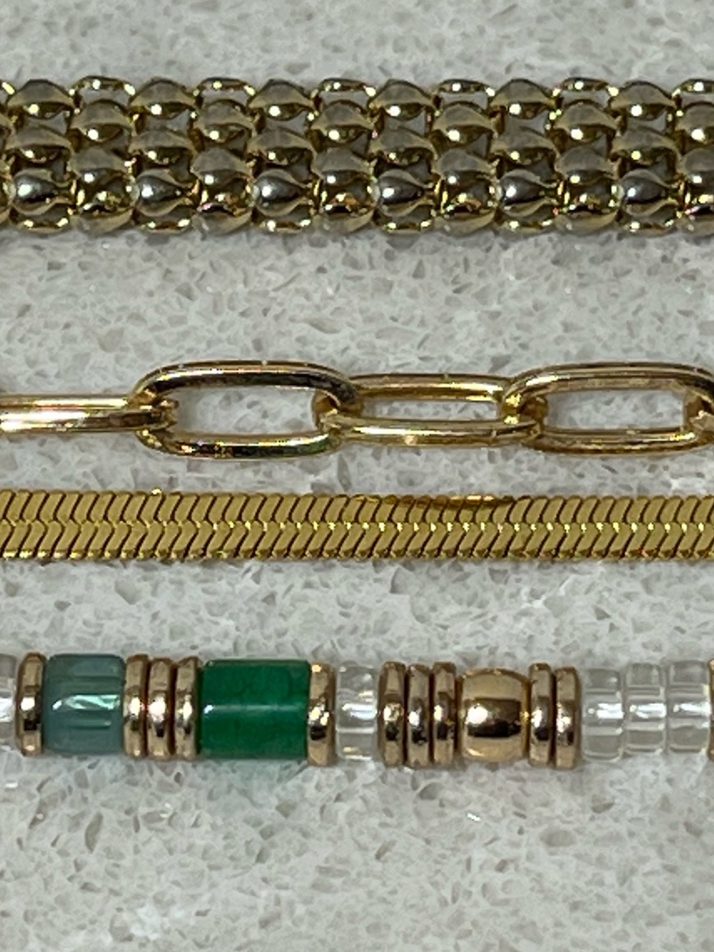 Gold-Tone Layered Necklace Set with Green Bead Accent